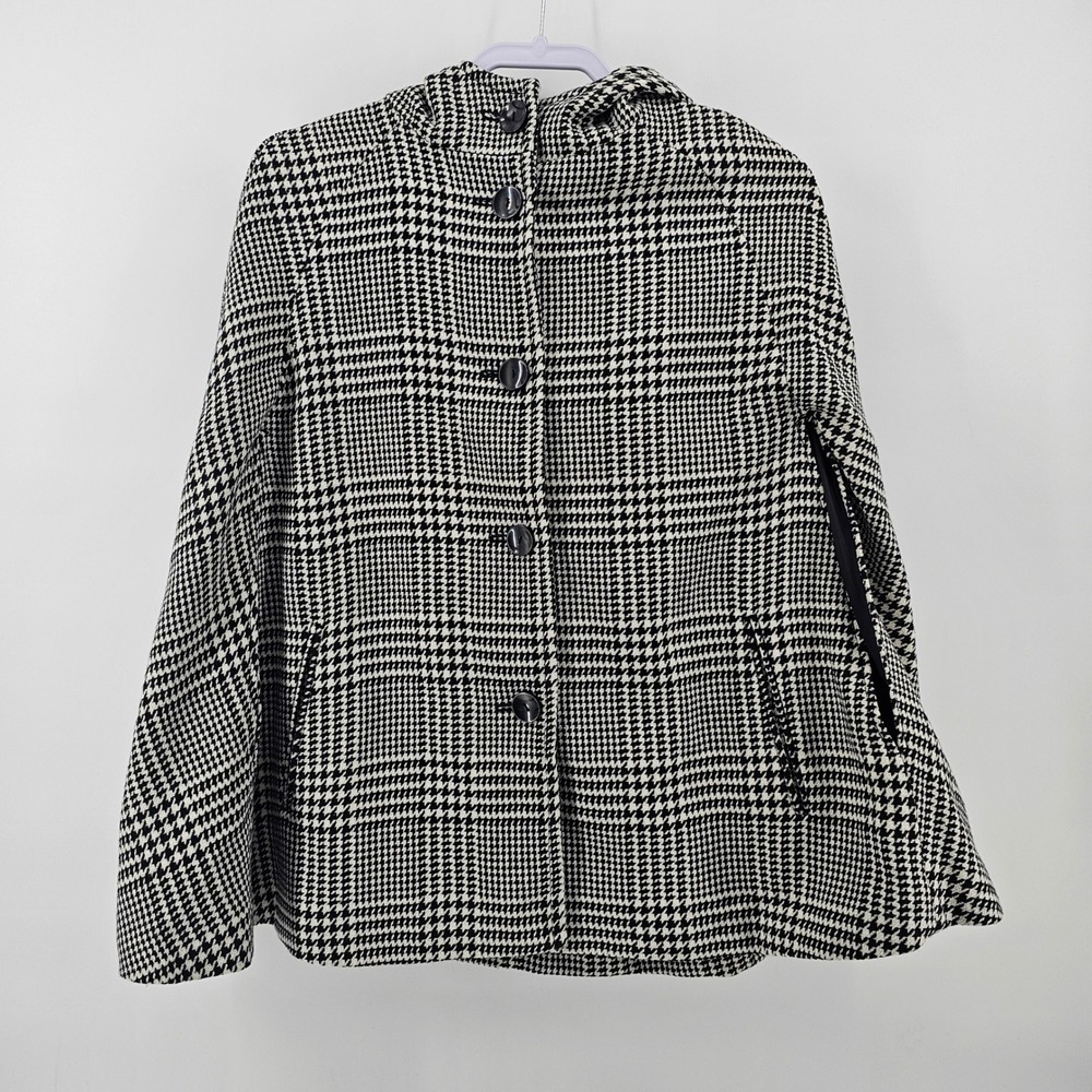 Talbots Hooded Cape Coat Women S/M Black White Houndstooth Button Up